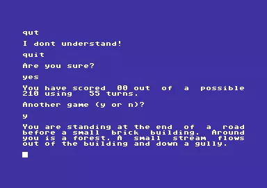 Adventure 1 Commodore 64 On quitting the game gives a score - its zero here because no treasure was deposited in the well house - and optionally starts a new game