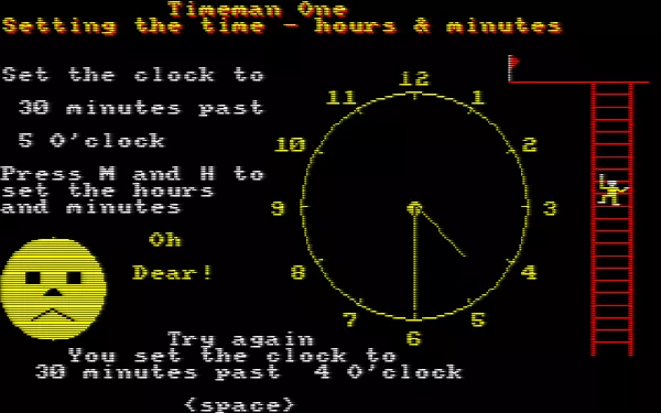 Timeman One Amstrad CPC An example of the game&#x27;s response to an incorrect answer in the Telling the Time : Hours and Minutes game