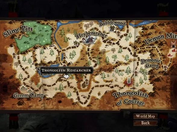 DeathSpank Windows Area Map - Shows the locations of non-player characters (NPCs) and active quests. This is only but a small portion of the entire world map.