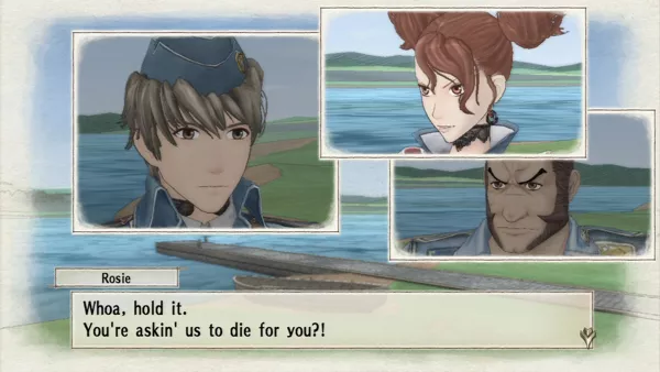 Valkyria Chronicles PlayStation 3 Dialogs are done in a windowed mode highlighting the speaker.