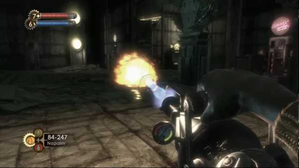 BioShock PlayStation 3 Flame thrower is strong against human targets, but depletes rapidly.