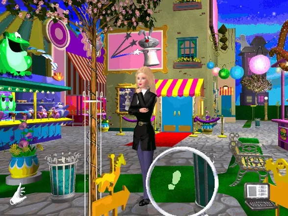 Detective Barbie: The Mystery Of The Carnival Caper! Windows Clues are found by using the magnifying glass and exploring the screen. Here a footprint has been found. The crime computer, lower right, has lit up indicating the clue has been logged