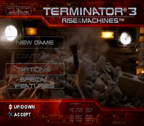 Terminator 3: Rise of the Machines PlayStation 2 Menu screen.