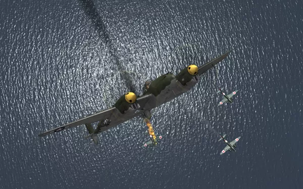 Pacific Fighters Windows A Lockheed P-38 Lightning pulls away from a group of enemy bombers after shooting one of them down.