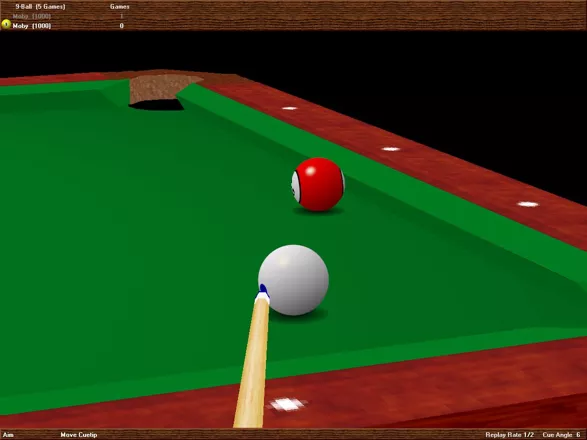 Virtual Pool 2 Windows This screen shot shows that the game allows the player to move the position at which the cue tip makes contact with the ball.