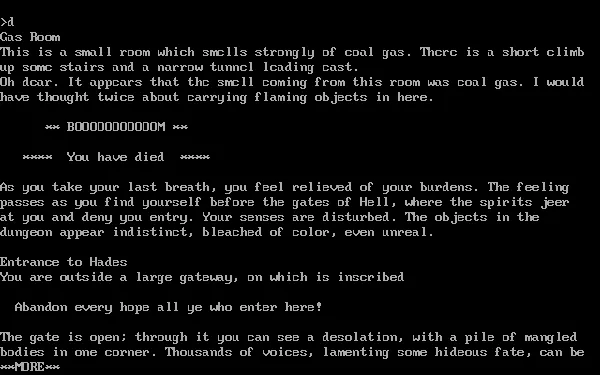 Zork: The Great Underground Empire DOS Entering the mines with an open flame (e.g. a torch) is a pretty bad idea. Very noisy too...