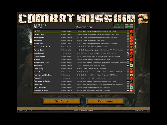 Combat Mission II: Barbarossa to Berlin Windows This is screen 2. Each battle is rated by the number of turns it takes to complete