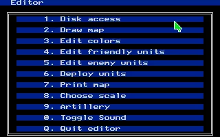 Wargame Construction Set Amiga Editor menu.