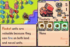 Advance Wars Game Boy Advance Unit information screen lets you know the unit&#x27;s movement rate on ideal terrain,  sight range, weapon effectiveness, etc