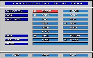 Stunt Driver DOS Communication Setup Menu (VGA 16 colors)