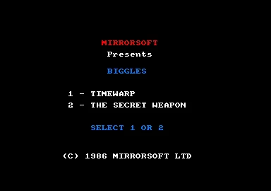 Biggles Amstrad CPC Title screen and main menu. Choose &#x27;Time Warp&#x27; or &#x27;The Secret Weapon&#x27;.