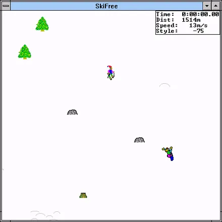 SkiFree Windows 3.x Trying to catch up with a snowboarder (16-bit version).