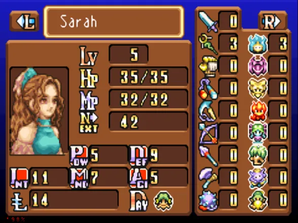 Sword of Mana Game Boy Advance Here is a look at the stats screen.  The left are normal stats, the right are your weapon skill level and your magic spirit skill level
