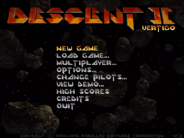 Descent II: The Infinite Abyss DOS Main menu. Note the &#x22;Vertigo&#x22; subtitle.