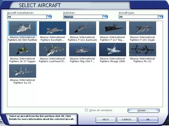 This is how the aircraft appear in Flight Simulator X's library. Ticking the 'Show All Variations' box brings up all the different liveries.