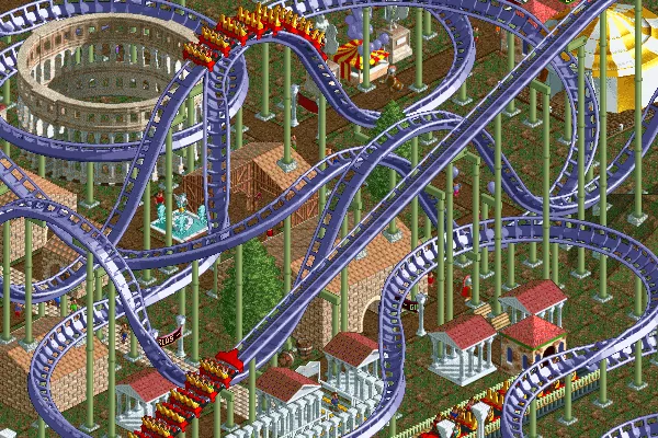 RollerCoaster Tycoon: Corkscrew Follies Windows Roman Village scenario with a huge coaster in it