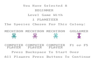 M.U.L.E. PC Booter The species chosen for this colony (CGA with RGB monitor)