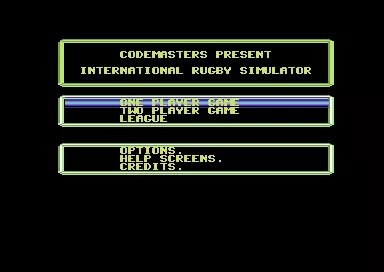 International Rugby Simulator Commodore 64 Title and options screen.