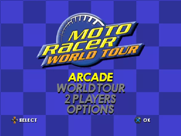 Moto Racer World Tour PlayStation Main menu.