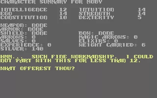Temple of Apshai Trilogy Commodore 64 Haggling with the innkeeper while purchasing items.