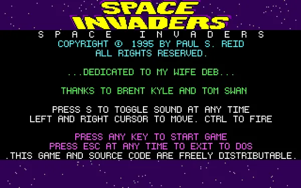 Space Invaders DOS If nothing happens the game switches to this screen which, in addition to the dedication, explains the action keys used in the game.