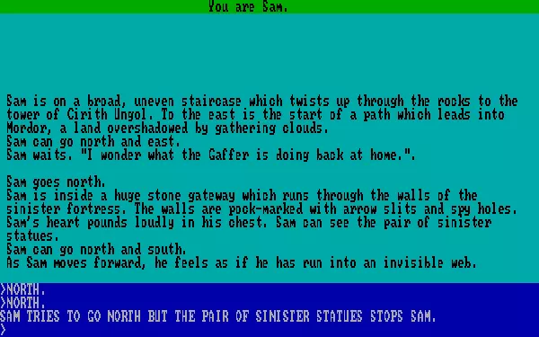 The Crack of Doom DOS The game switches between text only and pictures; Here Sam seems to be blocked by sinister statues (CGA)