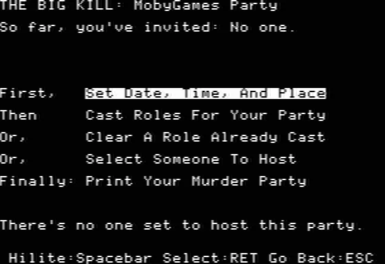 Make Your Own Murder Party Apple II A few of the options that can be customized