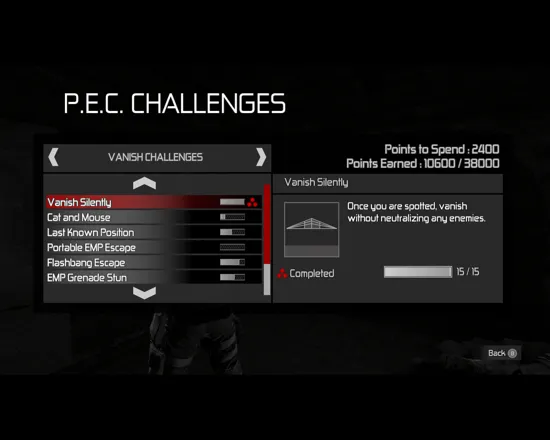 Tom Clancy&#x27;s Splinter Cell: Conviction Windows P.E.C. Challenges progress list