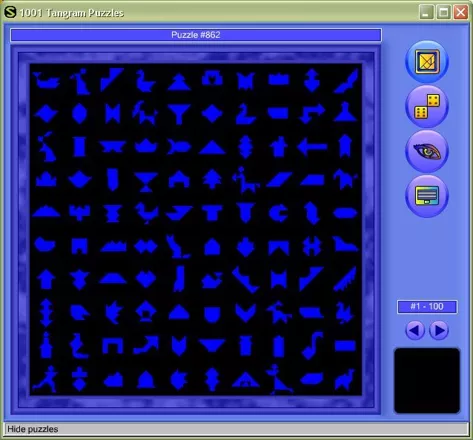 1001 Tangram Puzzles  Windows The game&#x27;s menu system showing patterns 1 to 100. This is how the player chooses their own pattern.