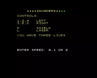 Base Invaders ZX Spectrum The title screen which shows you the controls