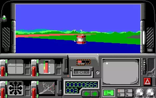 Hoverforce DOS Resolution 101: Each drug runner has their own area of the city marked by the red line. This and the oil barrels keeps the player in the right quadrant.
EGA version