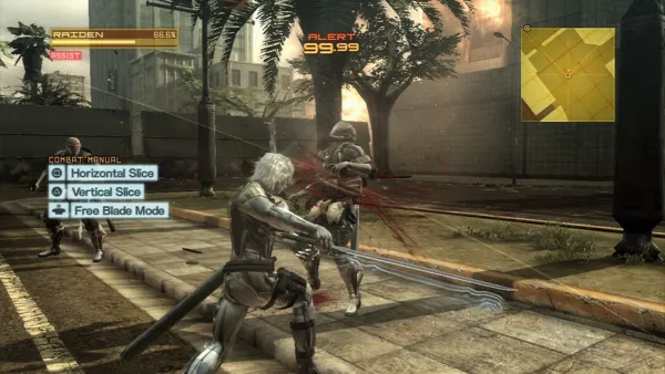 Metal Gear Rising: Revengeance PlayStation 3 Manually slicing works slower than auto-combat, but you can aim for a specific body part.