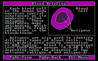 Crime Lab: Case of the Missing Masterpiece DOS One of the &#x27;Blood Briefing&#x27; screens. This sequence of screens describes how different kinds of blood react with each other and with antigens thus allowing a blood type to be determined