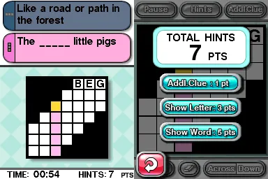 CrossworDS Nintendo DS You can use hints in exchange for penalty.
