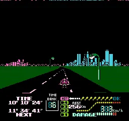 Famicom Grand Prix II: 3D Hot Rally NES Driving down a city highway at night underneath some sinister looking lights.