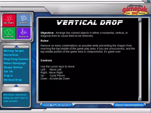 Ultimate Game Pak Windows Every game has a set of instructions. This example is from the card game &#x27;Vertical Drop&#x27;