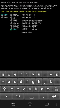 Angband Android Generating a character