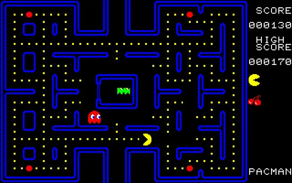 Pac-Man FM-7 Eating more dots&#x2026; And the ghosts in the cage are invisible or cropped due to redraw routine