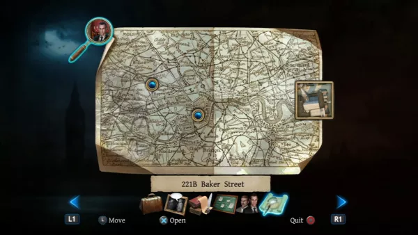 The Testament of Sherlock Holmes PlayStation 3 Map of London with marked locations you can travel to.