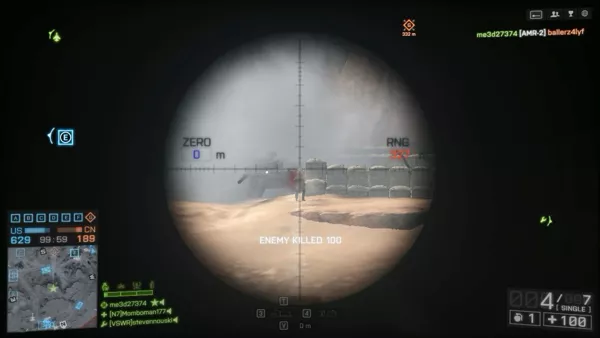 Battlefield 4: China Rising Windows Using the AMR-2 one shot kill sniper rifle long range.  The target is killed and crumples to the ground a second later.
