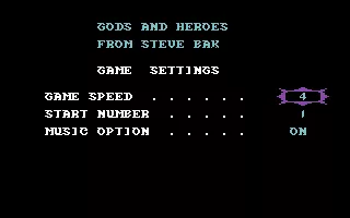 Gods &#x26; Heroes Commodore 64 Start Screen.