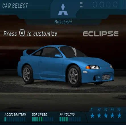 Need for Speed: Underground PlayStation 2 Demo version
The car selection screen. When the player presses &#x27;X to customise&#x27; what they see are screens saying this feature will be awesome in the retail game