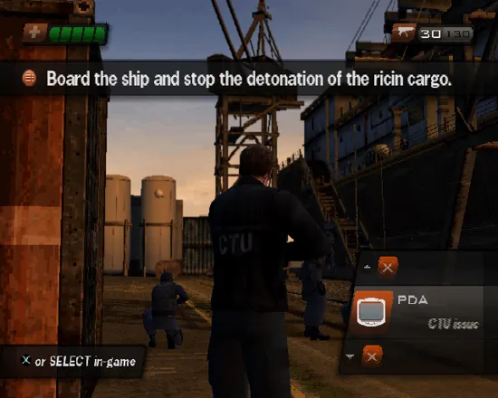 24: The Game PlayStation 2 The first mission is a tutorial so helpful messages appear on-screen. Here it&#x27;s just begun. Jack, the player, is on the dock and must board the ship
