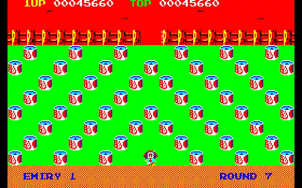 Popins Sharp X1 Bonus round, you need to kick the cans to reveal coins, but there&#x27;s also one toy soldier which ends the bonus round