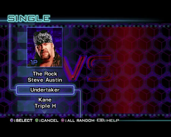 WWF Smackdown! Just Bring It PlayStation 2 The Exhibition Match wrestler selection screen. The player scrolls up/down to find their player. Cross selects a player and shows a small screen of stats. Cross again confirms the selection.