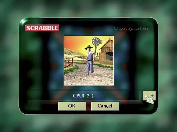 Scrabble Windows The CPU opponent can be customised, i.e. made smarter or dumber. Level two, shown here, is a scarecrow. Different themes have different characters.
