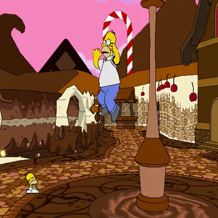 The Simpsons Game PlayStation 2 Homer is jumping in his dreamy Land of Chocolate