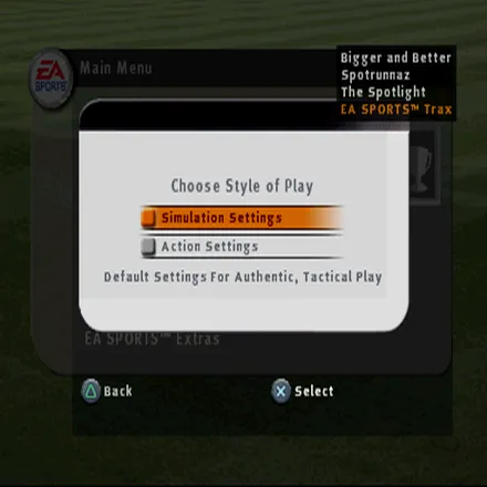 FIFA Soccer 2003 PlayStation Starting a friendly game. These are the modes of play, next the player chooses from three difficulty settings. Throughout game and menus little windows pop up saying what music is playing