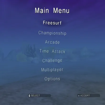 Sunny Garcia Surfing PlayStation 2 The game&#x27;s main menu. The test waves about to show it&#x27;s under water and every so often something, e.g. turtle, shark ray, swims by.