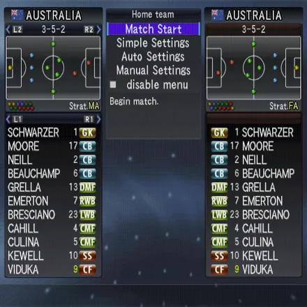 PES 2008: Pro Evolution Soccer PlayStation 2 Playing a quick match, this is an Exhibition match with Australia vs Australia. After strip selection there&#x27;s this team selection screen before the game starts